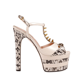 T Strap Snakeskin High Heel Platform Sandals