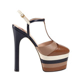 Striped T-Strap High Heel Platform Sandals