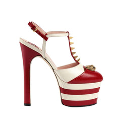 Striped T-Strap High Heel Platform Sandals