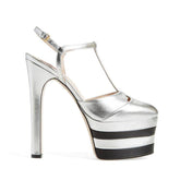 Striped T-Strap High Heel Platform Sandals