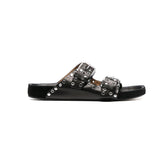 Buckled Studded Leather Flat Slippers Slides