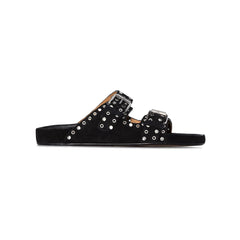 Buckled Studded Suede Flat Slippers Slides