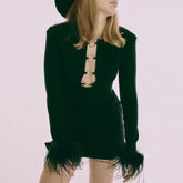 Fur Cut Out Mini Evening Dress Gown