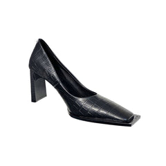 Square Toe Leather Mid Heel Pumps