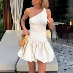 Flouced Hem Asymmetric Shoulder Mini Dress