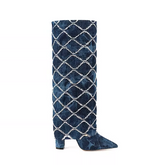 Sequinned Square Denim Knee High Boots