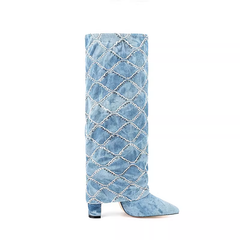 Sequinned Square Denim Knee High Boots