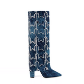 Sequinned Star Denim Knee High Boots