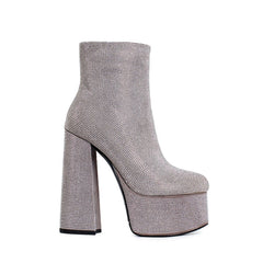 Diamante Block Heel Platform Ankle Boots