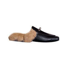 Buckled Leather And Fur Slides Slippers