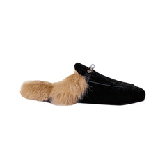 Buckled Velvet And Fur Slides Slippers