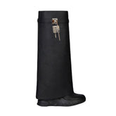 Lock Detailed Wedged Heel Leather Knee High Boots