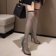 Diamante Mesh Over The Knee Boots - 6cm