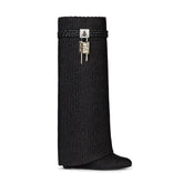 Lock Detailed Wedged Heel Knee High Boots