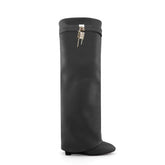 Lock Detailed Leather Wedged Heel Knee High Boots
