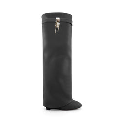 Lock Detailed Leather Wedged Heel Knee High Boots
