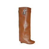 Lock Detailed Leather Wedged Heel Knee High Boots
