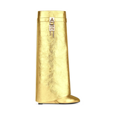 Lock Detailed Leather Wedged Heel Knee High Boots