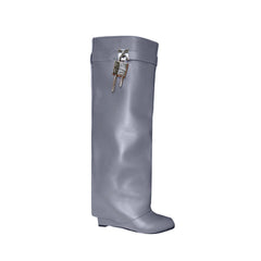 Lock Detailed Leather Wedged Heel Knee High Boots