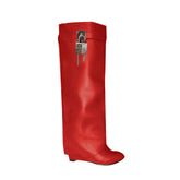 Lock Detailed Leather Wedged Heel Knee High Boots