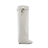 Lock Detailed Leather Wedged Heel Knee High Boots