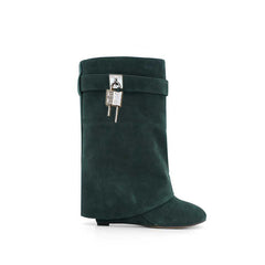 Lock Detailed Suede Wedged Heel Ankle Boots