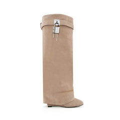 Lock Detailed Suede Wedged Heel Knee High Boots