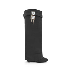 Lock Detailed Suede Wedged Heel Knee High Boots