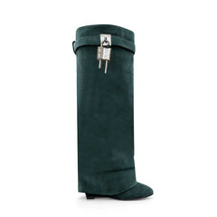 Lock Detailed Suede Wedged Heel Knee High Boots