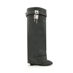 Lock Detailed Suede Wedged Heel Knee High Boots