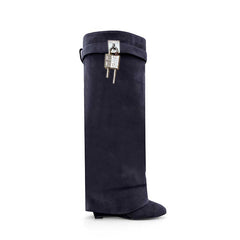 Lock Detailed Suede Wedged Heel Knee High Boots