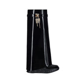 Lock Detailed Wedged Heel Patent Leather Knee High