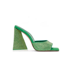 Diamante Block Heel Satin Mules Sandals