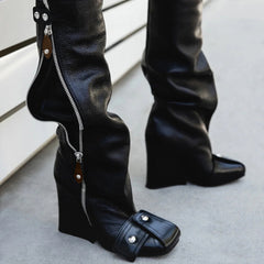 Zip Leather Knee High Boots