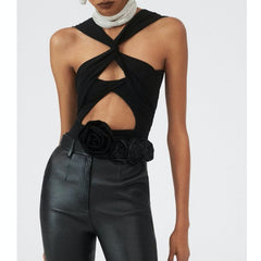 Flower Embellished Cut Out Bodysuit