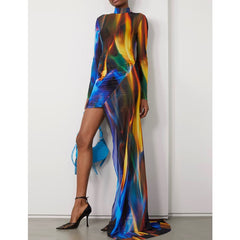 Printed Asymmetric Hem Evening Dress Gown