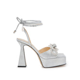 Diamante Bow Lace Up High Heel Sandals