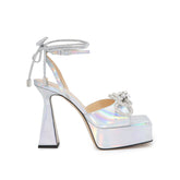 Diamante Bow Lace Up High Heel Sandals