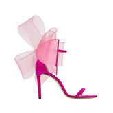 Asymmetric Bow Embellished Satin Mid Heel Sandals