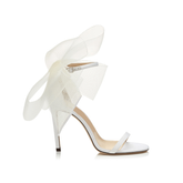 Asymmetric Bow Embellished Satin Mid Heel Sandals