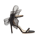 Asymmetric Bow Embellished Satin Mid Heel Sandals