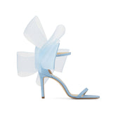 Asymmetric Bow Embellished Satin Mid Heel Sandals