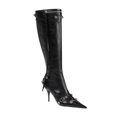 Studded And Buckled Leather Knee High Boots