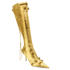 Studded And Buckled Leather Knee High Boots