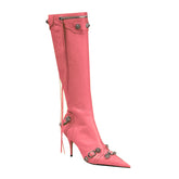 Studded And Buckled Leather Knee High Boots