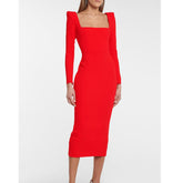 Square Collar Long Sleeves Evening Dress Gown