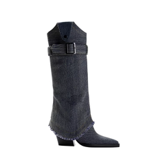 Buckled Denim Knee High Boots