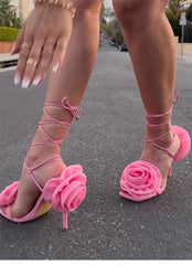 Flower Lace Up Mid Heel Sandals