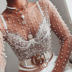 Pearl Embellished See-Through Top