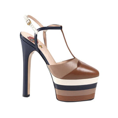 Striped T-Strap High Heel Platform Sandals